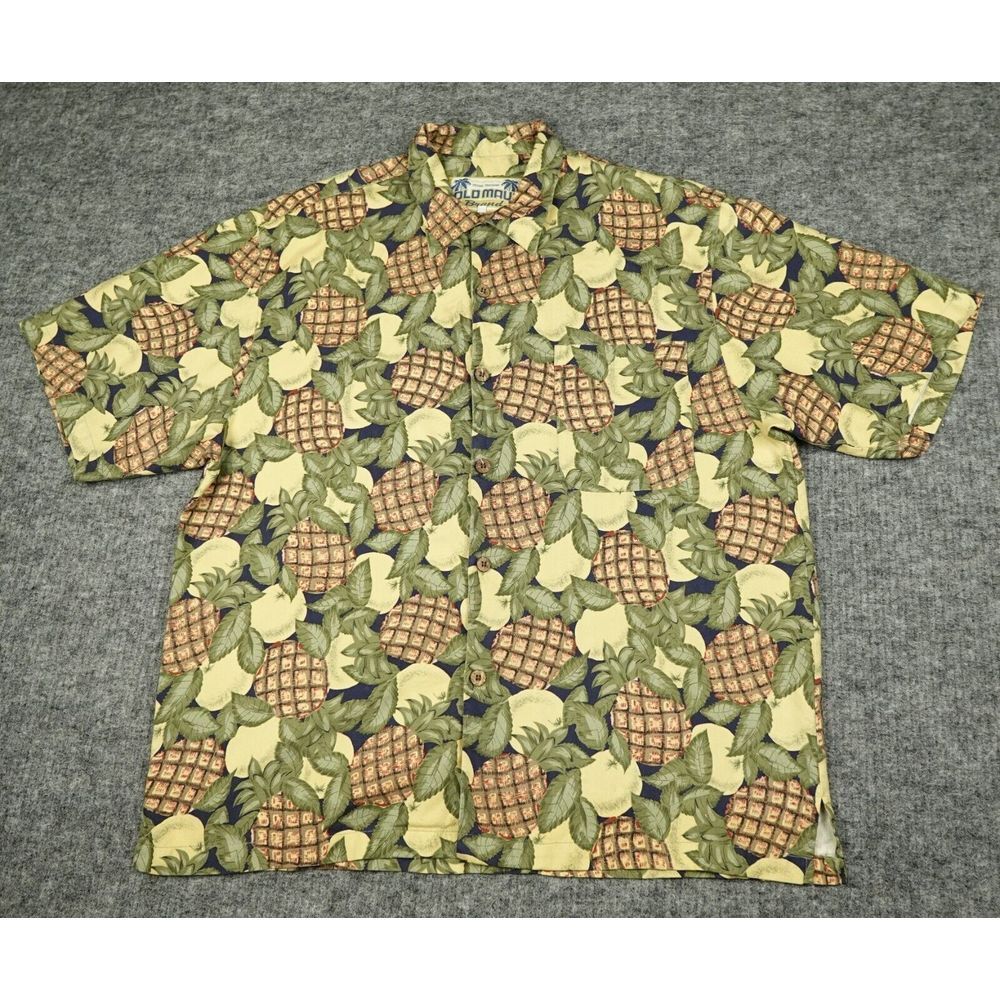 Old Maui Hawaiian Shirt Mens Extra Large Blue Print All Over Pineapple 100% Silk